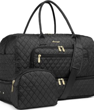 Large Women Travel Duffle Bag - Carry on Overnight Bag Weekend Travel Duffel Tote Bag Yoga Gym Bag with Wet Pocket Toiletry Weekender Overnight Bag for Travel Business Trips Sport Hospital Black